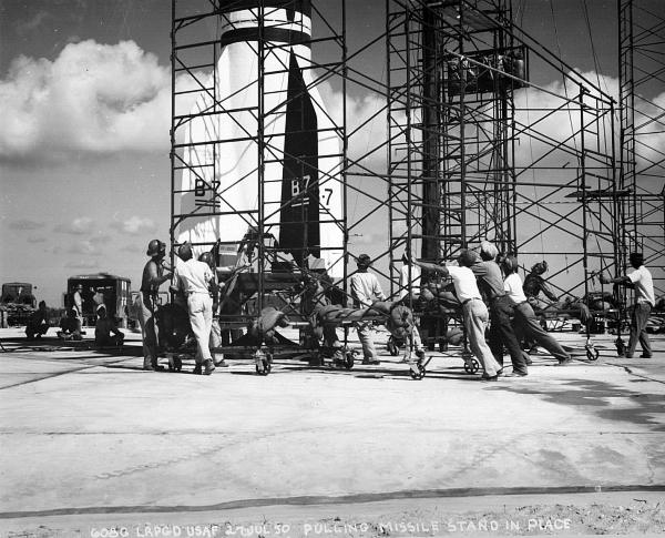 Bumper Launch Preparations At Cape Canaveral. 27 July 1950. Pulling Missile stand in place