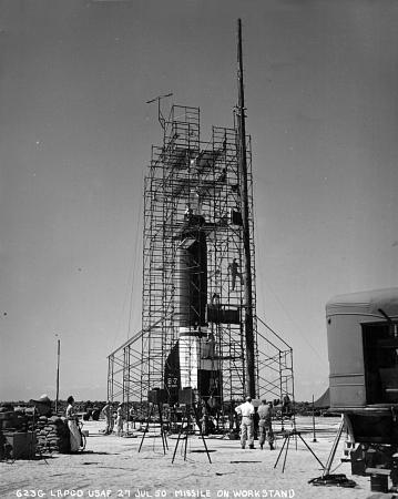 Bumper Launch Preparations At Cape Canaveral. 27 July 1950. Missile on workstand