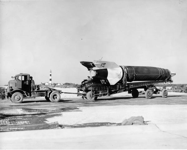 Bumper Launch Preparations At Cape Canaveral. Truck towing WAC rocket.