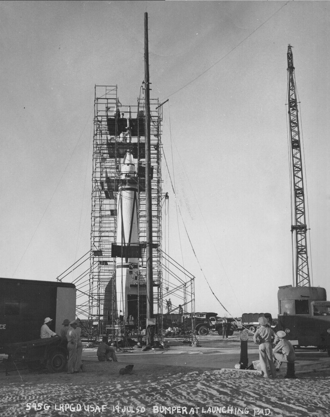 Bumper Launch Preparations At Cape Canaveral. Bumper WAC Rocket. At launching pad.