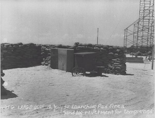 Bumper Construction At Cape Canaveral. 12 July 1950. Launching pad area. Sand bag revetment for compressed air.