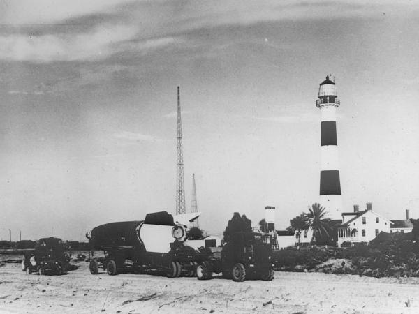Cape Canaveral Lighthouse Circa 1950. Rocket being towed by truck.